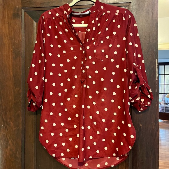 Fun2Fun Polka Dot Tab-Sleeve Blouse, red/ burgundy & cream/ white, size M - Picture 3 of 5